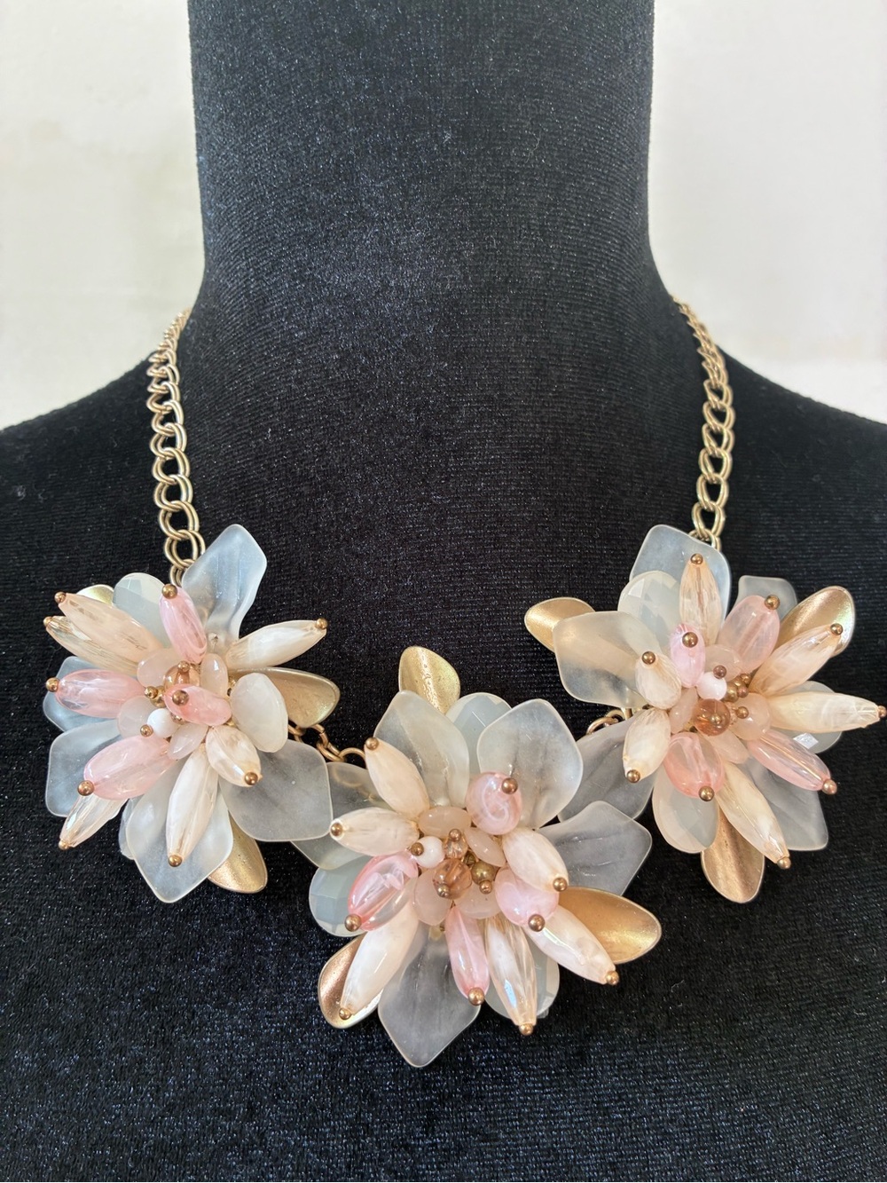 Pink & White Floral Cluster Necklace with Gold Accents